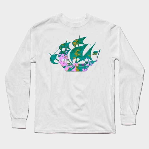 Galaxy Shores Refuge Liquid Art Sailing Ship Silhouette Long Sleeve T-Shirt by Mazz M